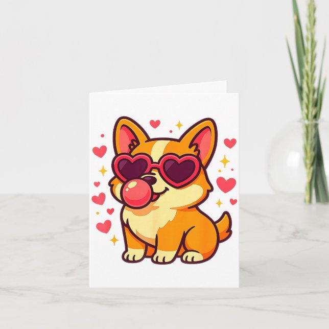 Cute Corgi Valentine Puppy With Heart Sungles  Kort (Framsida)