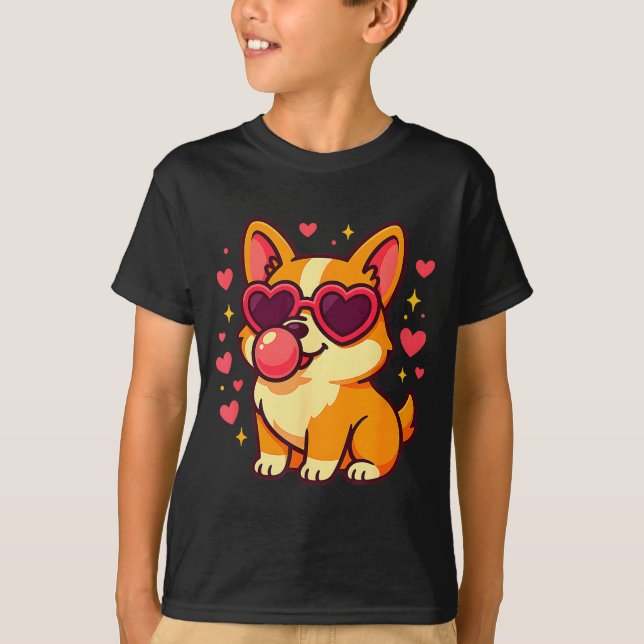 Cute Corgi Valentine Puppy With Heart Sungles  T Shirt (Framsida)