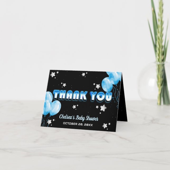 Cute Cosmic Night Blue Balloons Starry Baby Shower Tack Kort (Framsida)