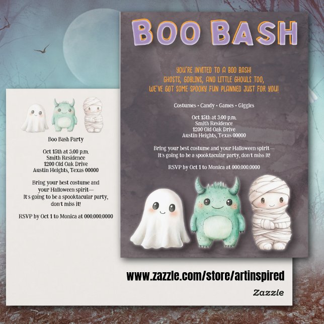 Cute Costume Halloween fest Vykort (Cute kids Halloween party postcard with fun Boo Bash typography, ghost, mummy & monster.)