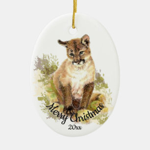 Cute Cougar Mountain Lejon Cat Kitten FIERCE QUOTE Julgransprydnad Keramik