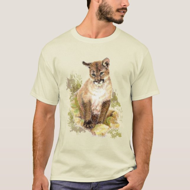 Cute Cougar Mountain Lejon Cat Kitten Watercolor T Shirt (Framsida)