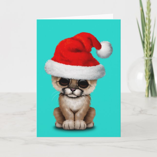 Cute Cougar Unge Wearing a Santa Hat Helgkort (Framsida)