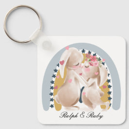 Cute Couple Bunny Rainbow Customized Gift honom he Nyckelring