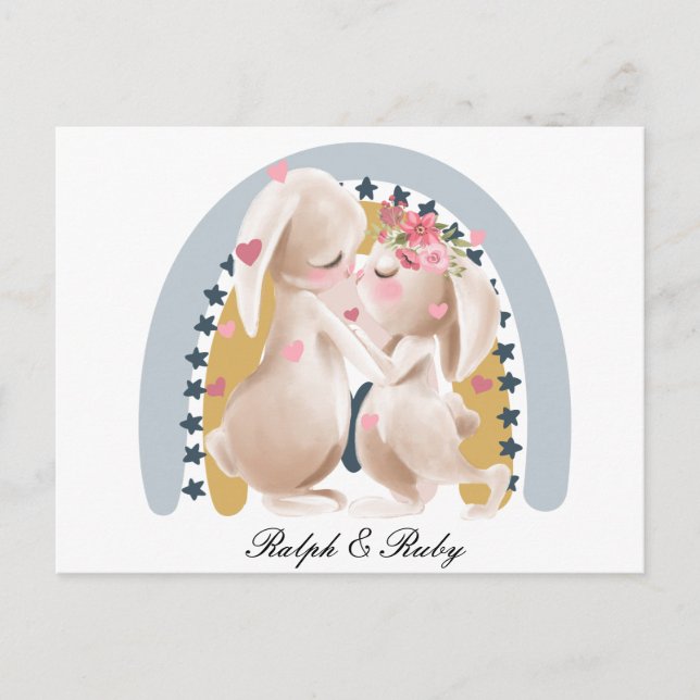Cute Couple Bunny Rainbow Customized Gift honom he Vykort (Framsida)