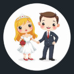 Cute Couple Wedckers Runt Klistermärke<br><div class="desc">Tecknad bröllop har en perfekt för att fira sin speciella dag med en liten nyck på alla gåvor och all kontorsutrustning!</div>