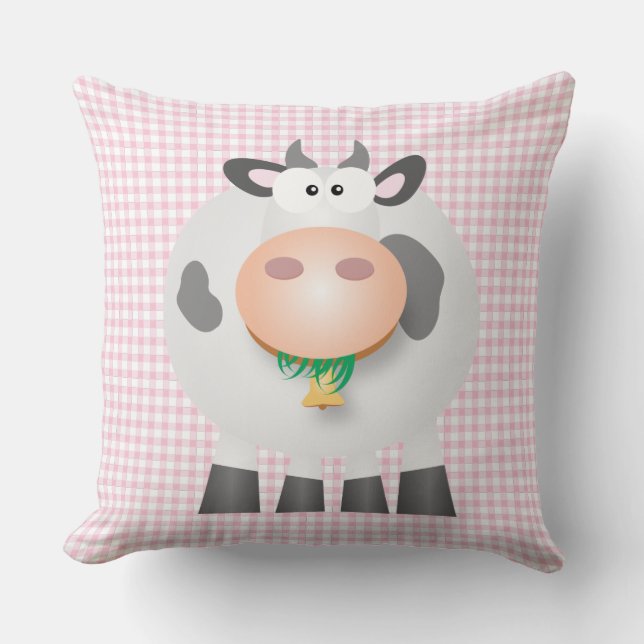 Cute Cow and Pastel Rosa Gingham Play Mönster Kudde (Framsida)