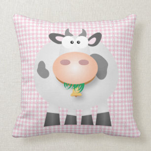 Cute Cow and Pastel Rosa Gingham Play Mönster Kudde