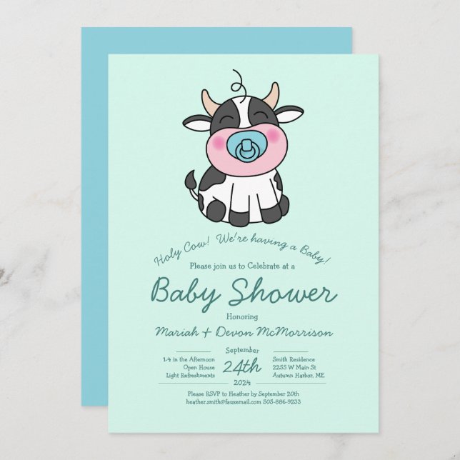 Cute Cow Baby Shower Kawaii Blue Boy Inbjudningar (Fram/baksida)