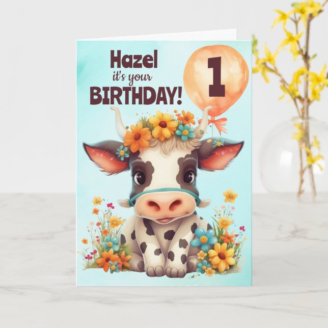 Cute Cow Bars födelsedagskort Kort (Gul blomma)