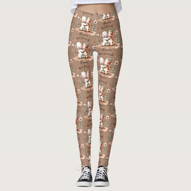 Cute Cow Best Friends Hug Blommigt Art Leggings (Framsida)