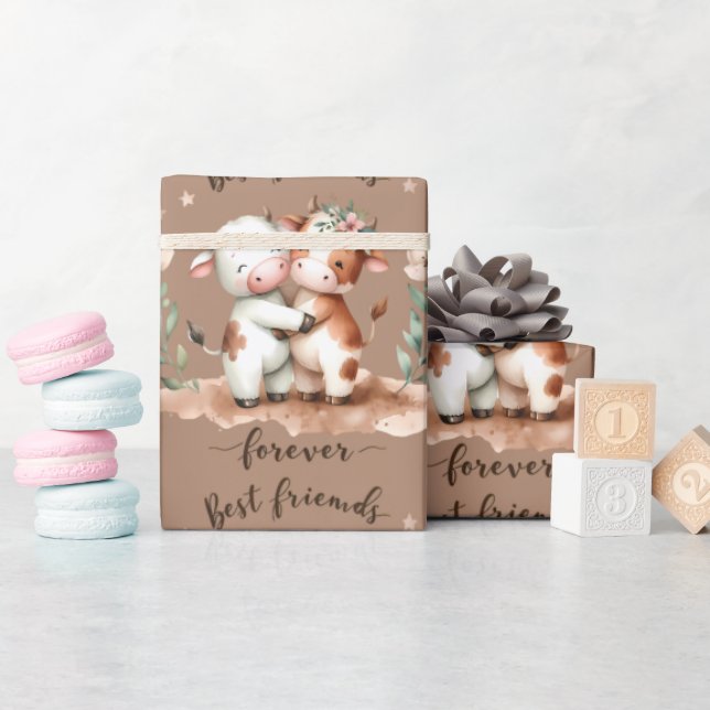 Cute Cow Best Friends Hug Blommigt Art Presentpapper (Baby Shower)