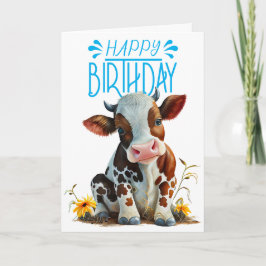 Cute Cow Birthday Boy Blue Kort