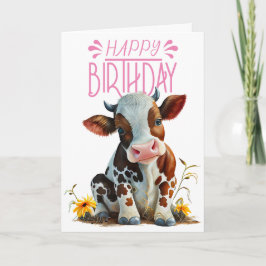 Cute Cow Birthday Girl Rosa Kort