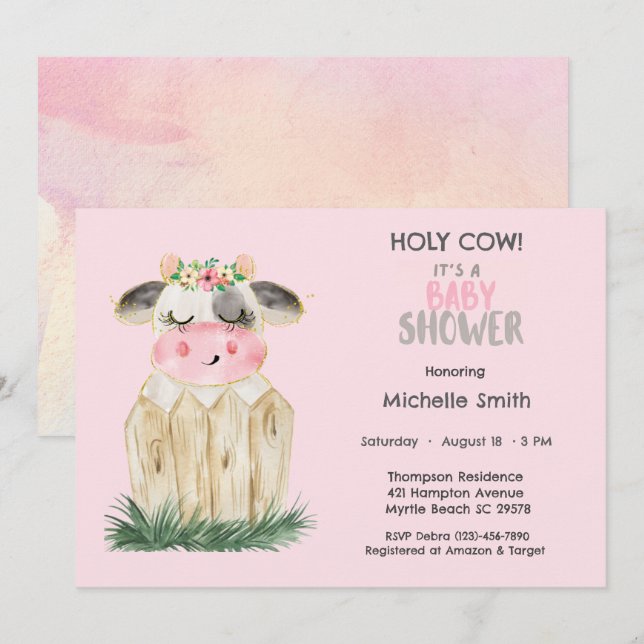 Cute Cow Blommigt Rosa Guld Inbjudningar (Fram/baksida)