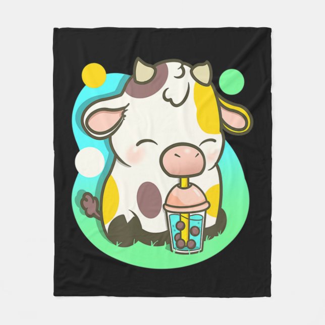 Cute Cow Boba Tea Bubble Tea Anime Kawaii Fleecefilt (Framsidan)