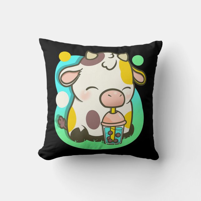 Cute Cow Boba Tea Bubble Tea Anime Kawaii Kudde (Framsida)