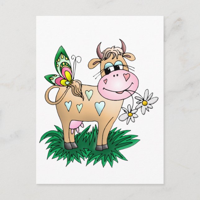 Cute Cow & Butterfly Vykort (Framsida)