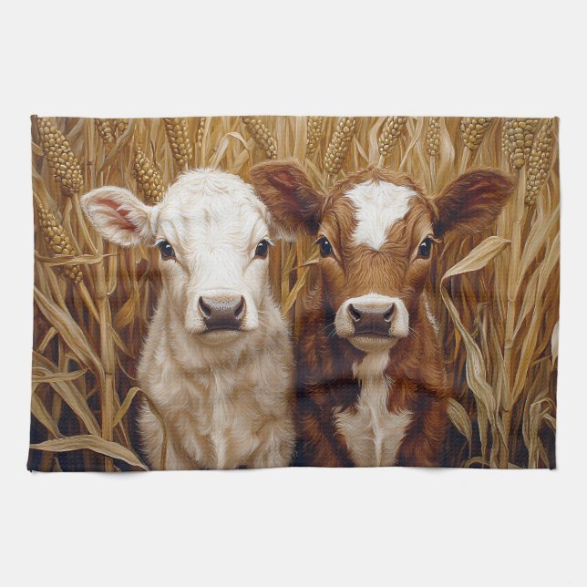Cute Cow Calves Maj Fält Kökshandduk (Horisontell)