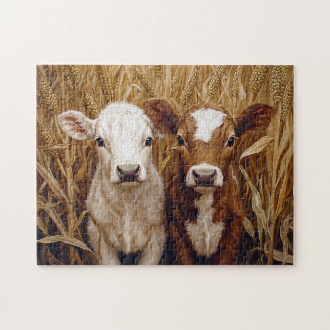 Cute Cow Calves Maj Fält Pussel (Horisontell)