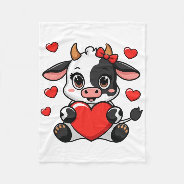 Cute Cow Holding Heart Happy Valentine's Day Kids  Fleecefilt (Framsidan)