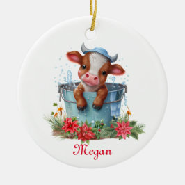 Cute Cow i en bucket-Personlig Namn Julgransprydnad Keramik