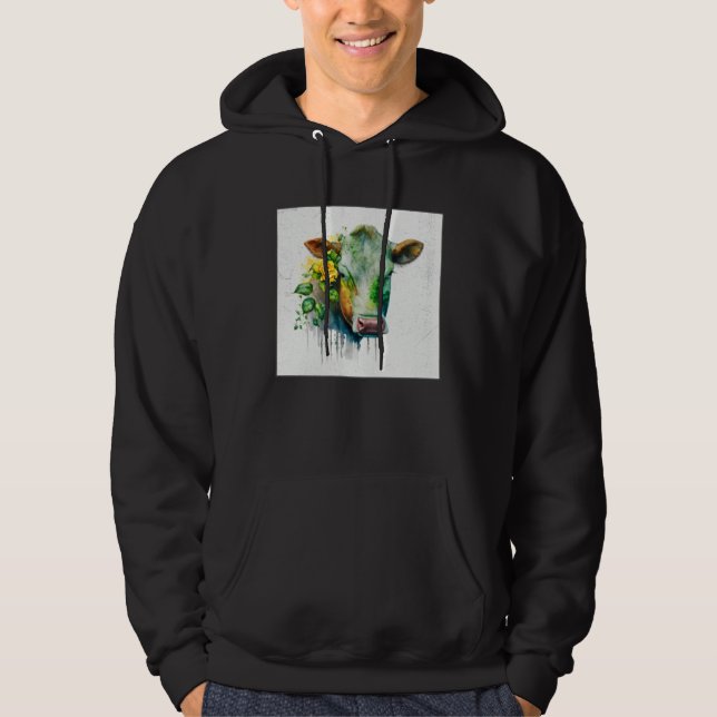 Cute Cow Illustration Flowers Laefy Green Women Me Hoodie (Framsida)