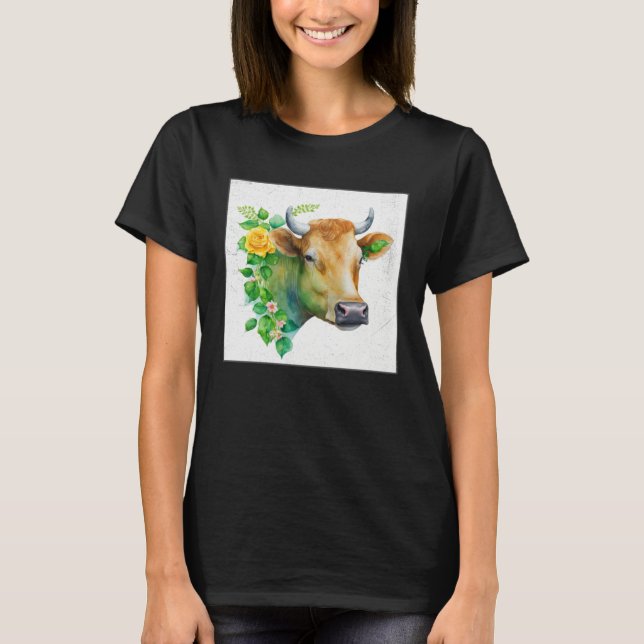 Cute Cow Illustration Flowers Laefy Green Women Me T Shirt (Framsida)