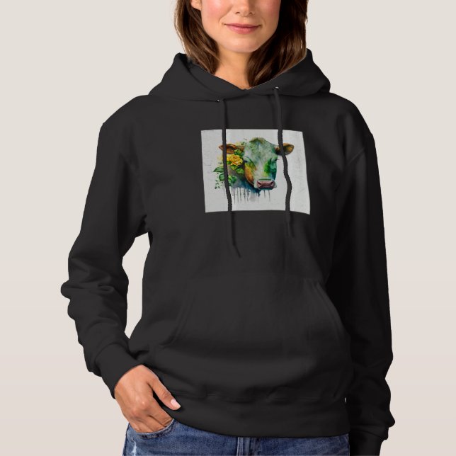 Cute Cow Illustration Flowers Laefy Green Women Me T Shirt (Framsida)