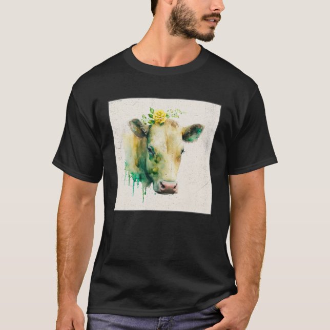 Cute Cow Illustration Flowers Laefy Green Women Me T Shirt (Framsida)
