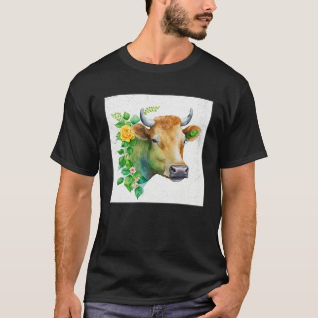 Cute Cow Illustration Flowers Laefy Green Women Me T Shirt (Framsida)