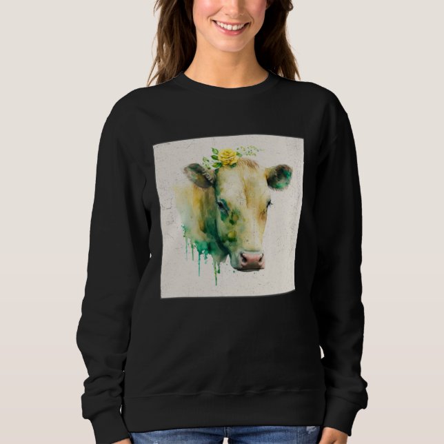 Cute Cow Illustration Flowers Laefy Green Women Me T Shirt (Framsida)