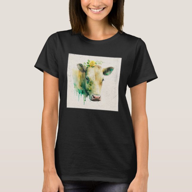 Cute Cow Illustration Flowers Laefy Green Women Me T Shirt (Framsida)