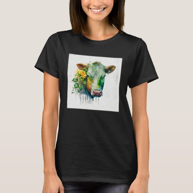 Cute Cow Illustration Flowers Laefy Green Women Me T Shirt (Framsida)