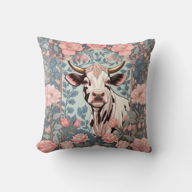 Cute Cow med bakgrunden för Rosa Blommigt Kudde (Framsida)