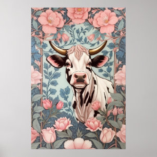 Cute Cow med bakgrunden för Rosa Blommigt Poster