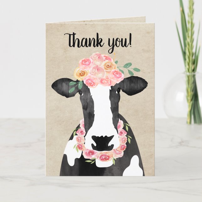 Cute Cow med Blommigt Krona Rustic Tack för ditt k (Black and White Cow Thank you note with a flower crown and necklace)