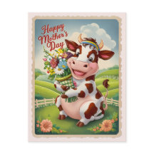 Cute Cow med blommor, lycklig Mors dag, vintage