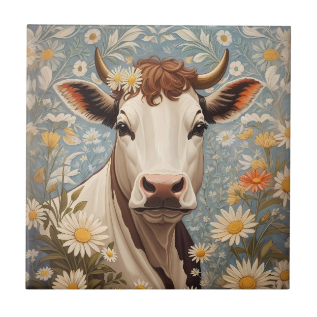 Cute Cow med Daisy Flowers Kakelplatta (Framsidan)