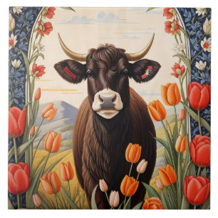 Cute Cow med tulpaner Kakelplatta