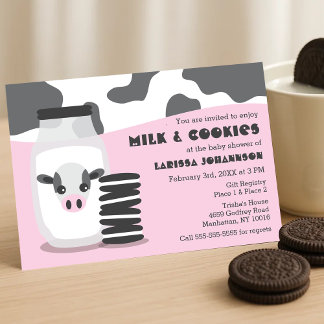 Cute Cow, Mjölk och Cookies Rosa Baby Shower Inbjudningar