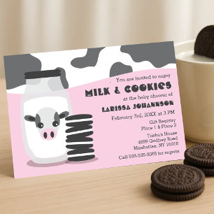 Cute Cow, Mjölk och Cookies Rosa Baby Shower Inbjudningar