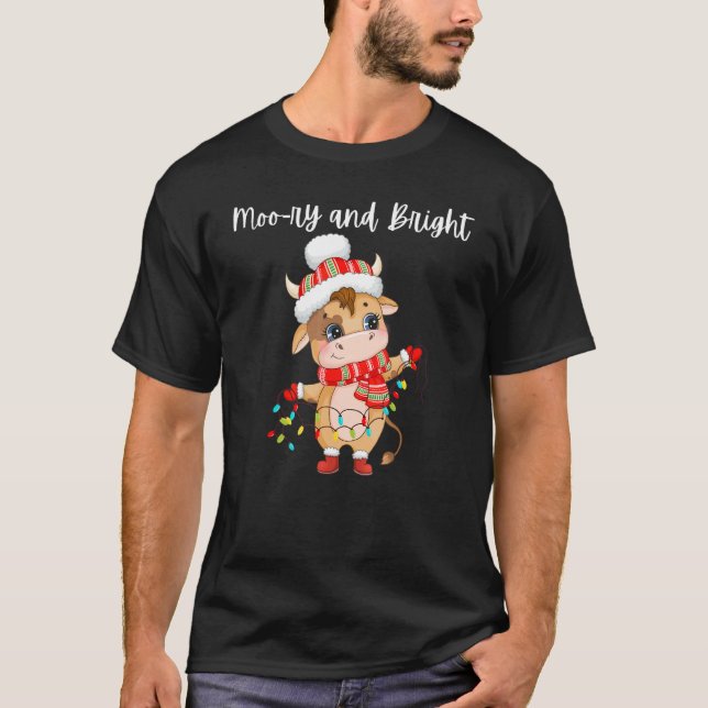 Cute Cow Moo ry And Bright Merry Christmas T Shirt (Framsida)