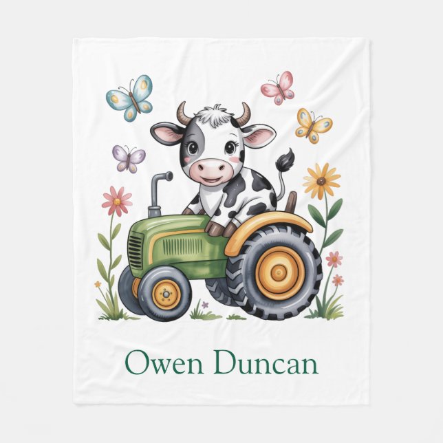 Cute Cow on Tractor Boy Birthday Party Gift Fleecefilt (Framsidan)