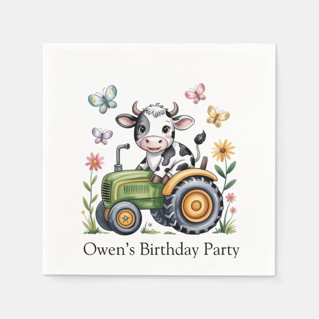 Cute Cow on Tractor Boy Birthday Party Pappersservett (Framsidan)