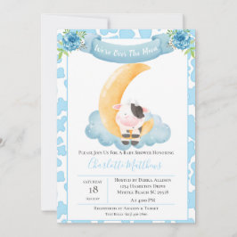 Cute Cow över Måne Blue Baby Shower Inbjudningar