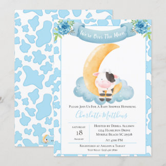 Cute Cow över Måne Blue Baby Shower Inbjudningar