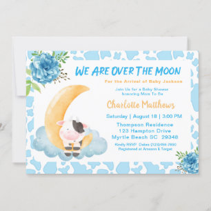 Cute Cow över Måne Blue Baby Shower Invati Inbjudningar
