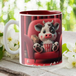 Cute Cow på Red Soffa Eting Popcorn Två-Tonad Mugg