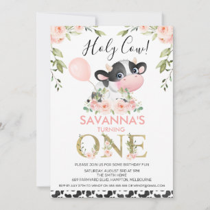 Cute Cow Print Heliga Cow Blommigt 1:a födelsedag Inbjudningar